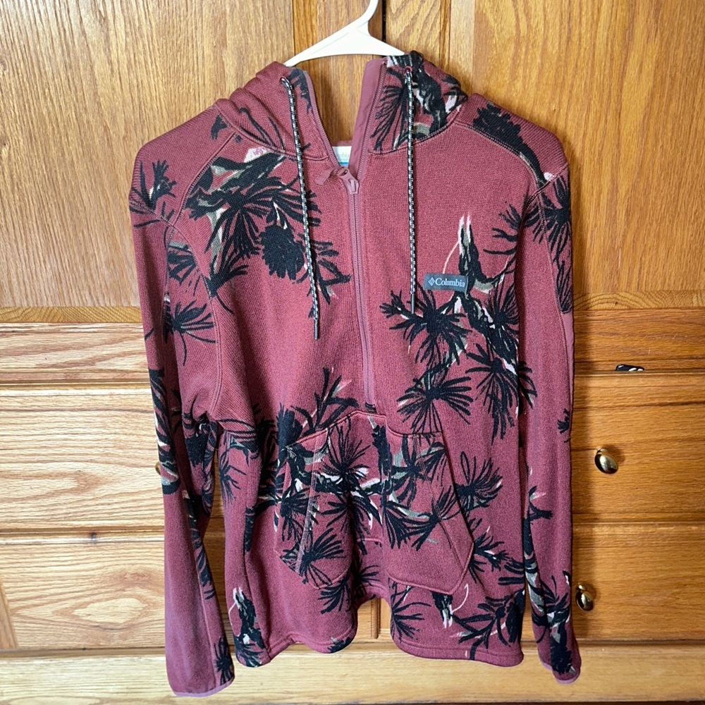 Columbia Burgundy Hoodie with Black Tree Pattern